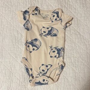 Carter's Cream and Blue Panda Print Baby Onesie - 0-3